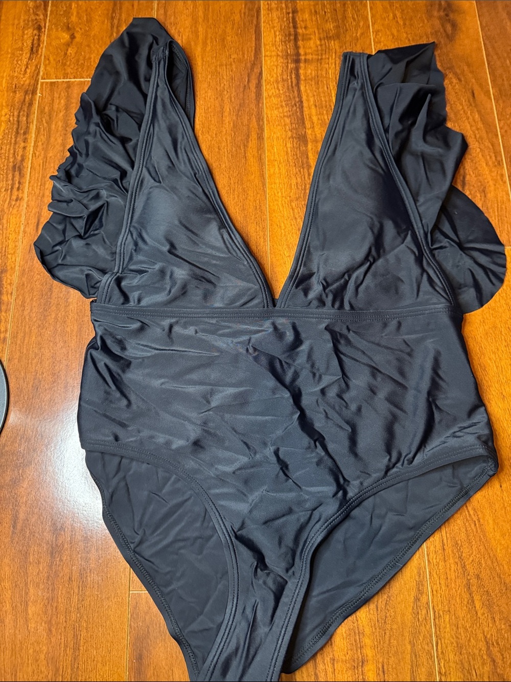 Women’s Black One-Piece Swimsuit with Ruffle Shoulders New Bathing Suit plunge